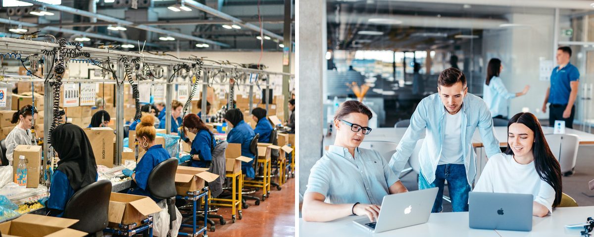 Workers on a production line, beside an office team reviewing work at their laptops