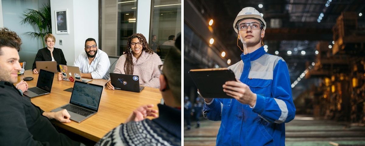 Executives in a meeting around a table, beside a plant manager in a hard hat holding a tablet on the shop floor