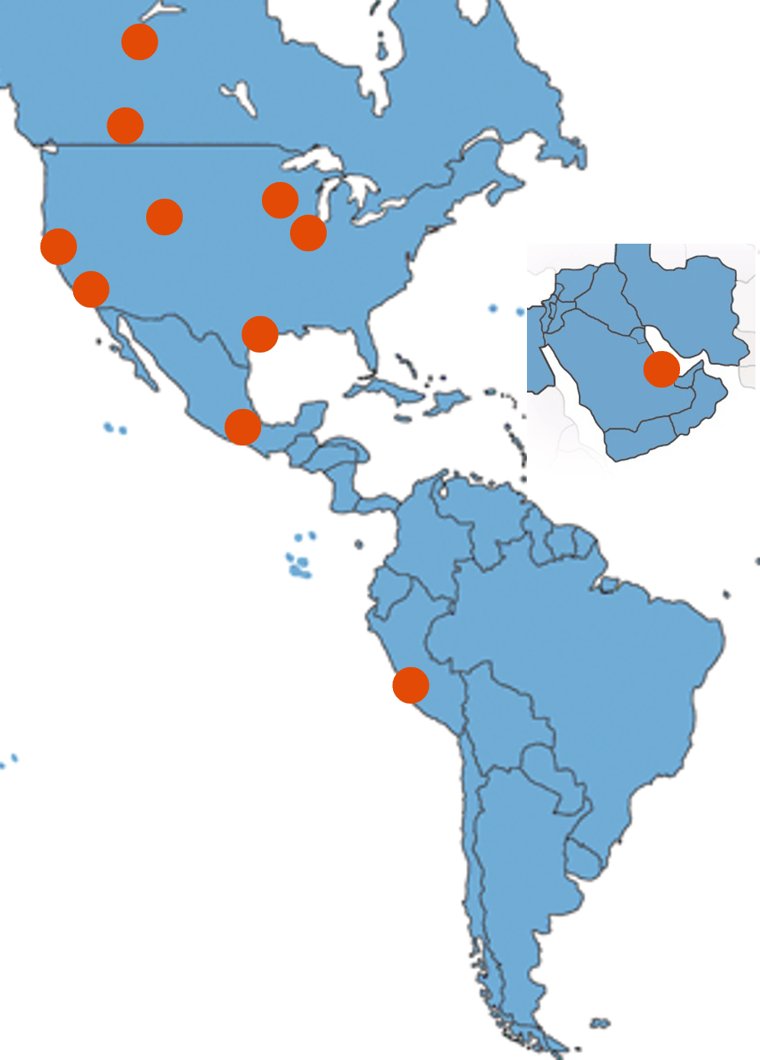 A map of the Americas and the Middle East with orange dots on client locations in North America, South America and the Middle East