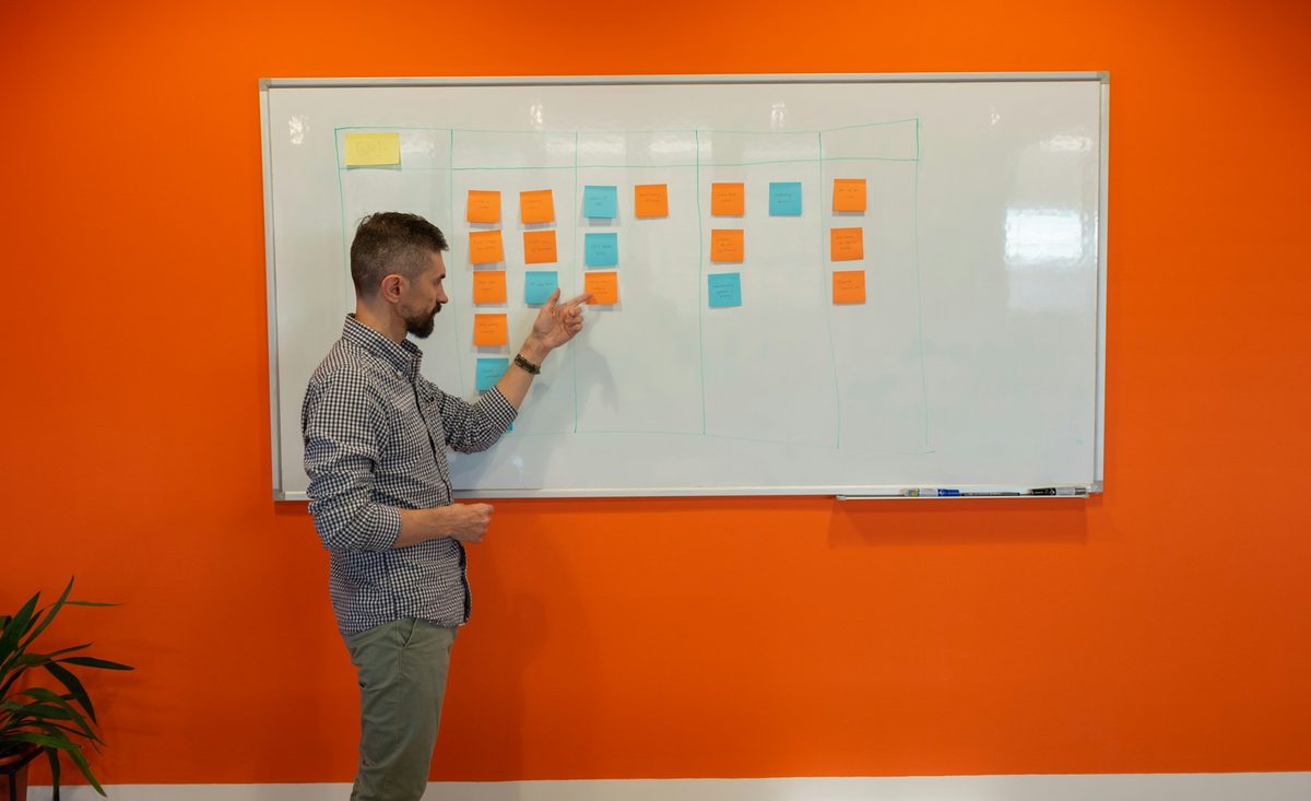 A man arranging sticky notes in columns on a whiteboard